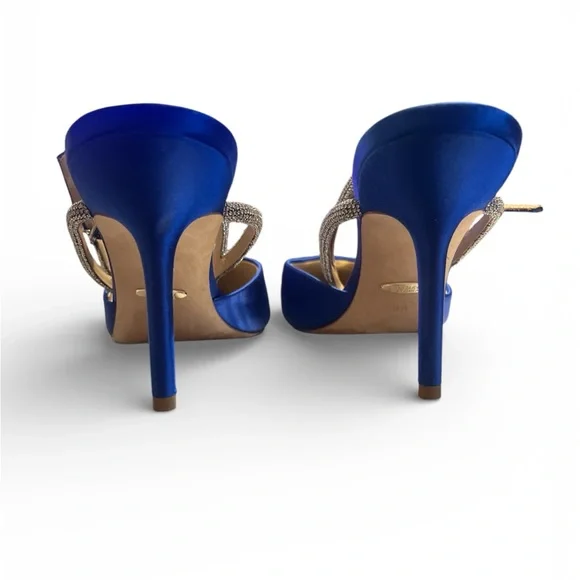 Badgley Mischka Jasmine Royal Blue Satin Point Toe Slingback Heels with Crystal - Picture 4 of 9